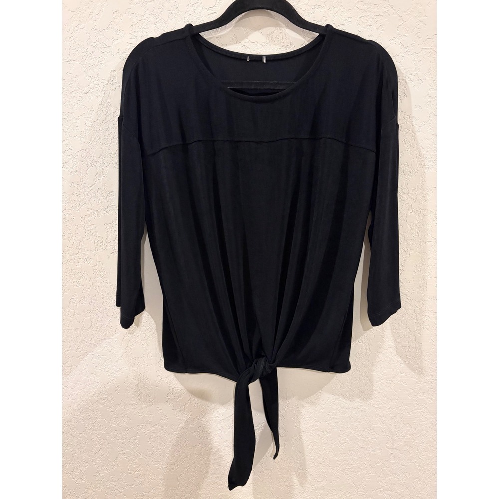 Chicos Travelers Black Tie Front Pleated 3/4 Sleeve Top Blouse Acetate Blend